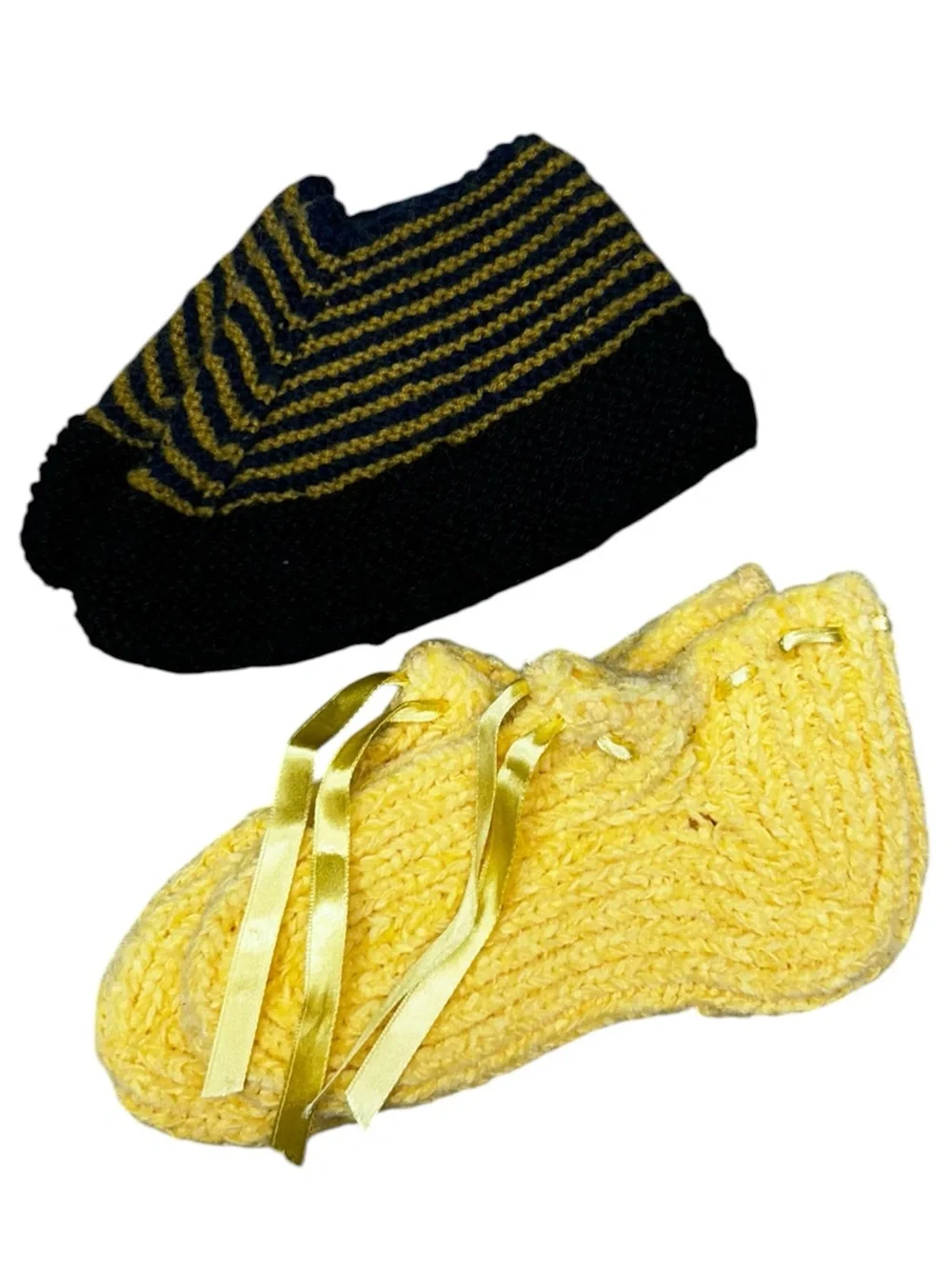 Hand Crocheted Kids Slippers Lot of 2 Pairs Yellow Navy Gold